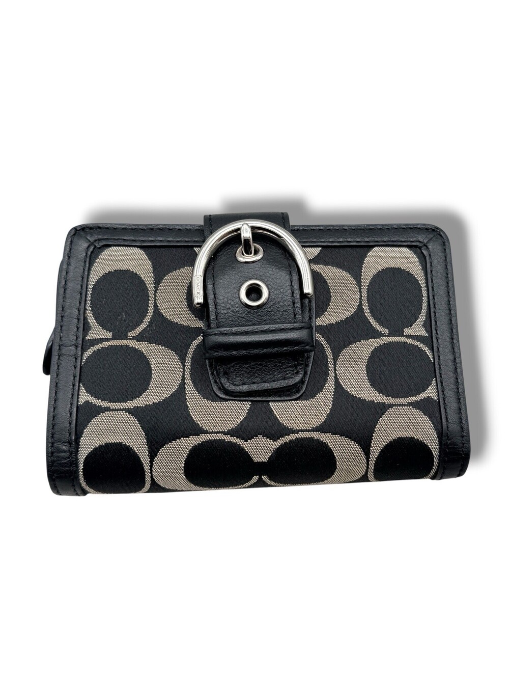 Coach Signature C Jacquard Wallet Black Leather Buckle Zip Coin Pocket